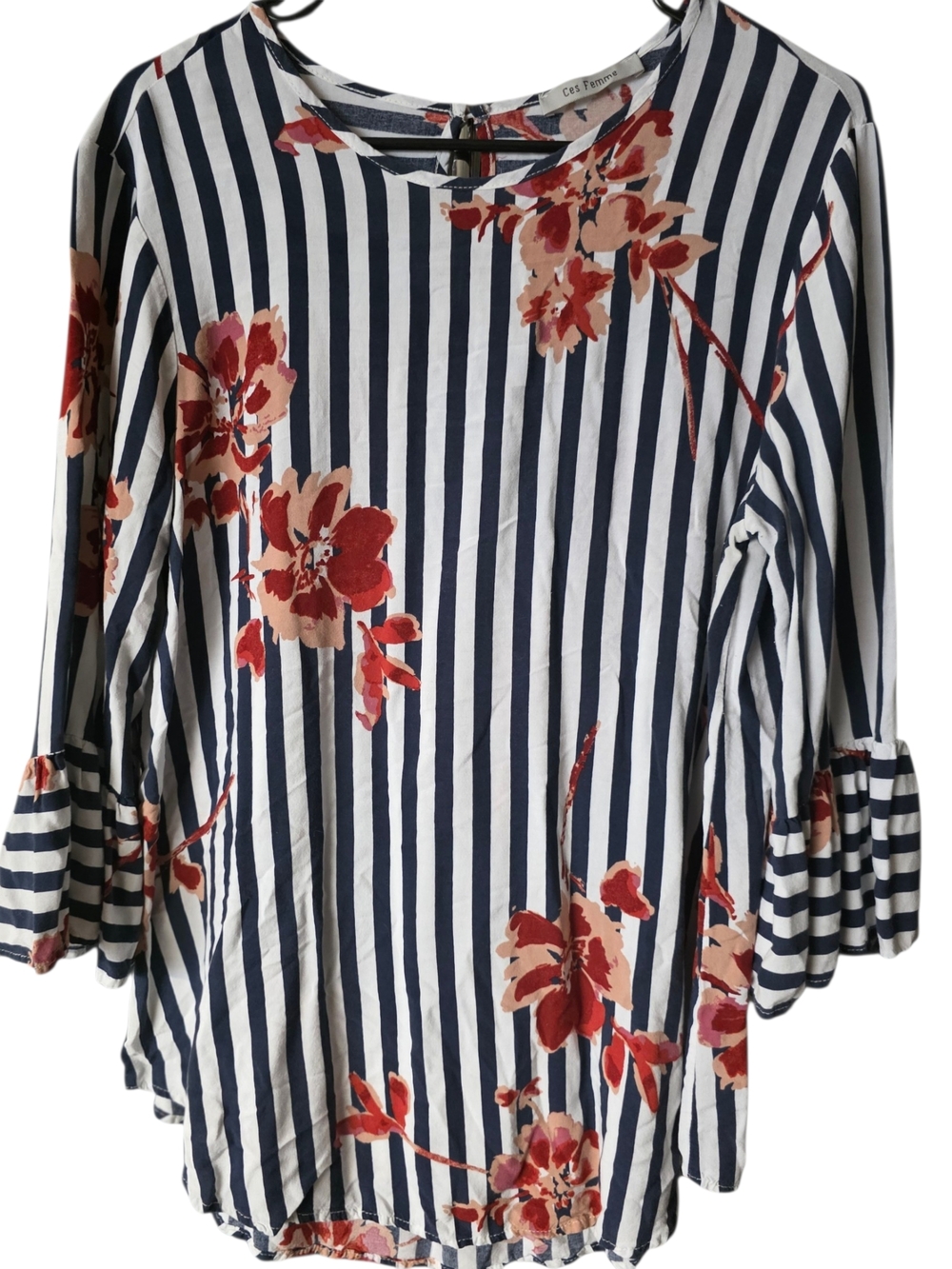 Striped Floral Bell-Sleeve Blouse